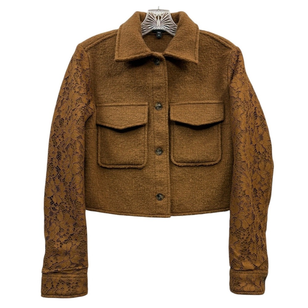 Express Lace Sleeve Tweed Cropped Shacket Brown Button Front‎ Boho Chic XS